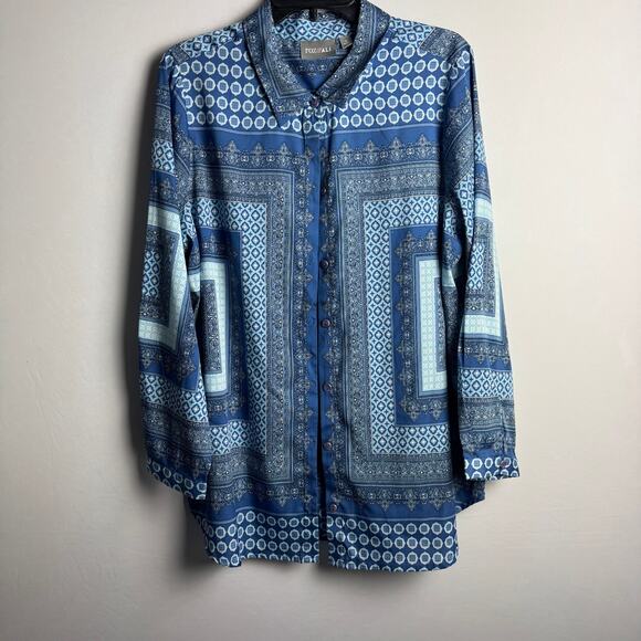 Roz & Ali Tops - Roz & Ali Women's Button-Down Long Sleeve Pattern Shirt Top Size XL Blue Dressy